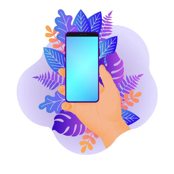 Une Main Tient Smartphone Sur Fond Floral Illustration Vectorielle Dans — Image vectorielle