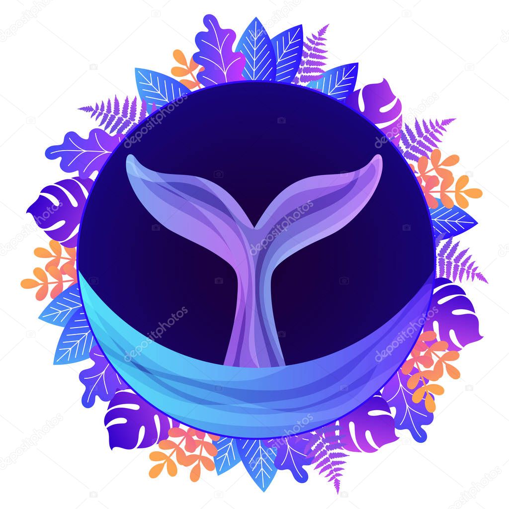 Whale tail with floral frame. Vector illustration  in trendy style and bright vibrant gradient colors