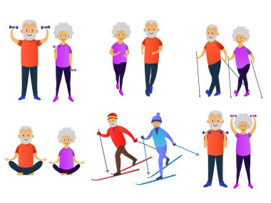 Mutlu yaşlı erkek ve kadın spor kümesi için giriyor. Kayak, halter alıştırmalar, koşma, yoga, meditasyon, Kuzey yürüyüşü. Yaşlı insanlar aktif yaşam tarzı. Vektör çizim