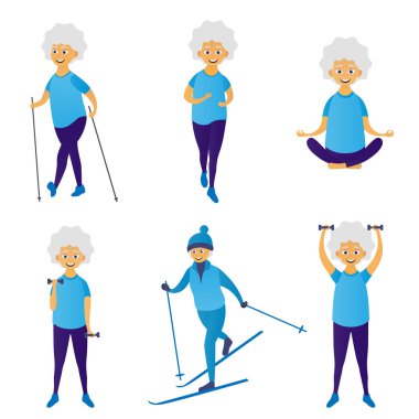 Mutlu yaşlı kadın spor kümesi için gider. Kayak, halter alıştırmalar, koşma, yoga, meditasyon, Kuzey yürüyüşü. Yaşlı insanlar aktif yaşam tarzı. Vektör çizim
