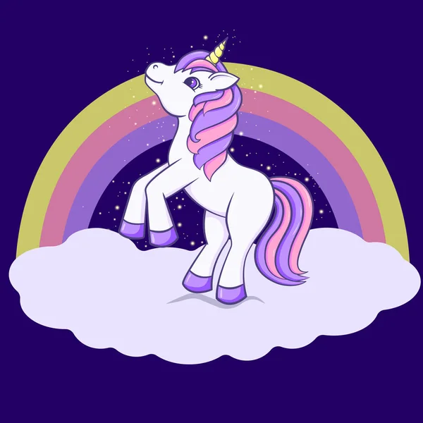 Carino Cartone Animato Unicorno Con Nuvola Arcobaleno Sullo Sfondo Illustrazione — Vettoriale Stock