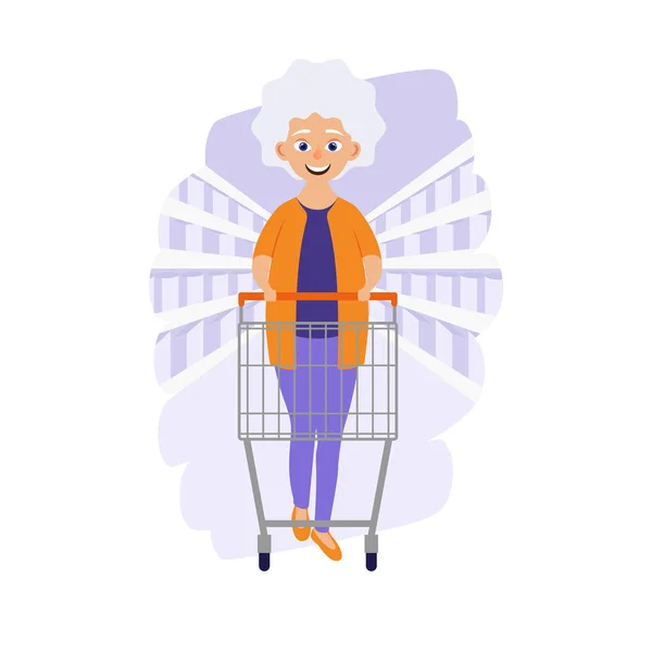 Feliz Anciana Con Carrito Compras Tienda Comestibles Supermercado Linda Abuela — Vector de stock