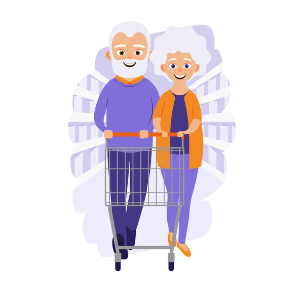 Happy Old Women Men Shopping Cart Grocery Store Supermarket Cute — Stock Vector