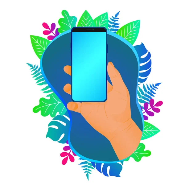 Una Mano Tiene Uno Smartphone Sfondo Floreale Illustrazione Vettoriale Stile — Vettoriale Stock