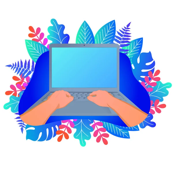 Mãos Trabalhando Laptop Com Tela Branco Fundo Floral Ilustração Vetorial — Vetor de Stock