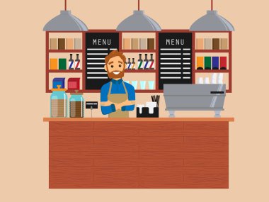 Barista kafe iç. Kahvehane, kafeterya tasarımı. Düz stil vektör çizim