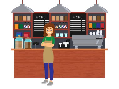 Barista kafe iç. Kahvehane, kafeterya tasarımı. Düz stil vektör çizim