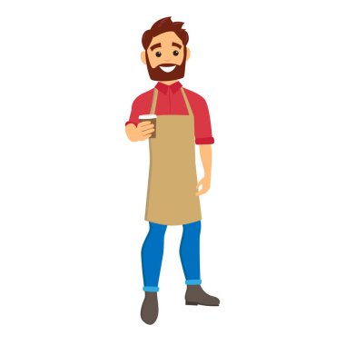 Barista kahve vermek gidin. Genç adam bir sakal ve bir önlük. Karakter vektör çizim