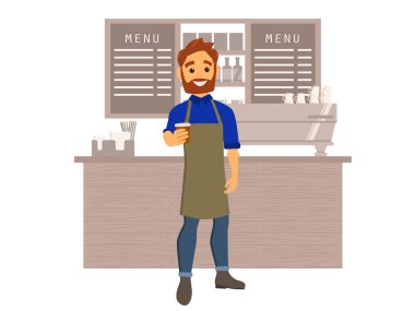 Bir kafe iç gitmek Barista kahve vererek. Kahvehane, kafeterya tasarımı. Düz stil vektör çizim