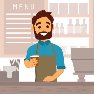 Bir kafe iç gitmek Barista kahve vererek. Kahvehane, kafeterya tasarımı. Düz stil vektör çizim