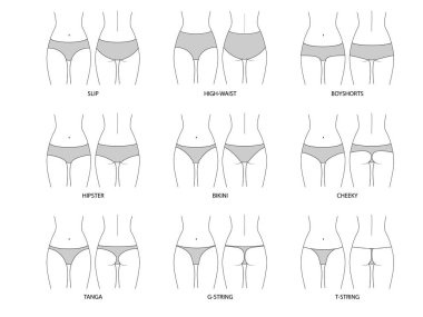 Kadın külotu tipleri. Önde ve arkada. İç çamaşırı seti - iç çamaşırı, yüksek bel, ip, tanga, bikini, arsız, hippi, erkek şortu. Vektör illüstrasyonu