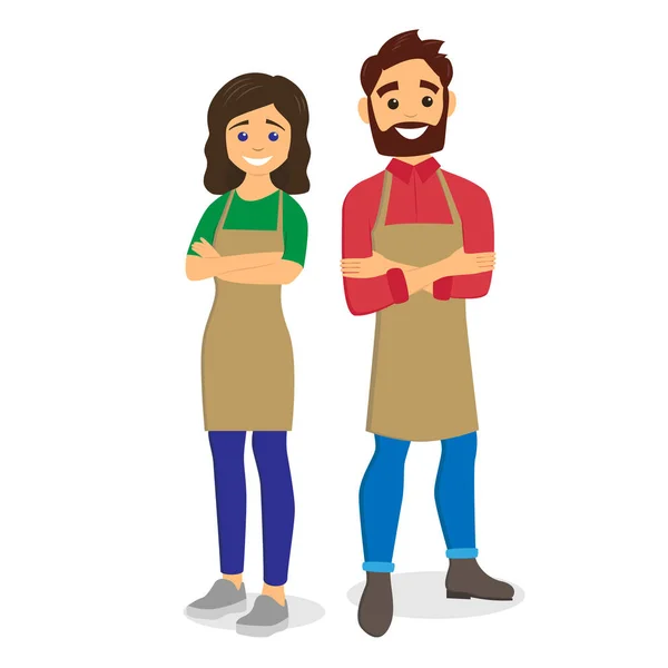 Baristas Jeune Homme Femme Avec Tablier Illustration Vectorielle Des Caractères — Image vectorielle