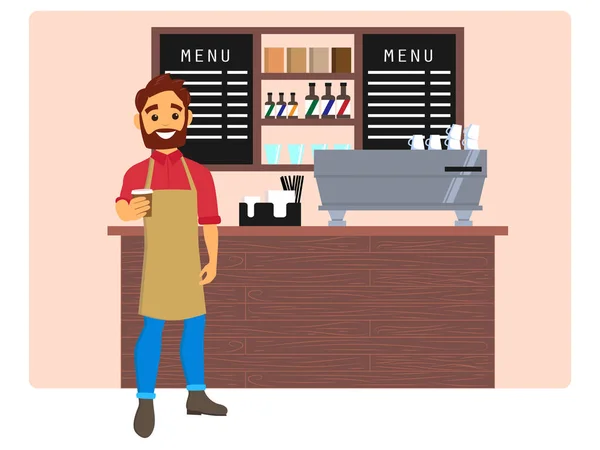 Bir kafe iç gitmek Barista kahve vererek. Kahvehane, kafeterya tasarımı. Düz stil vektör çizim