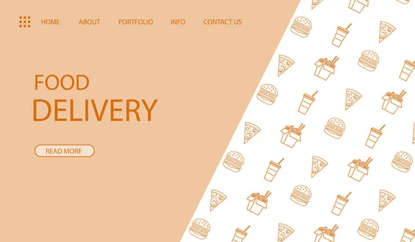 Delivery food banner with burger, pizza, soda and wox. Vector illustration for banner, site, lending and social network covers