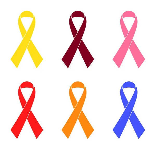 Awareness ribbons set. Yellow, maroon, red, pink, blue, orange ribbons. Vector illustration