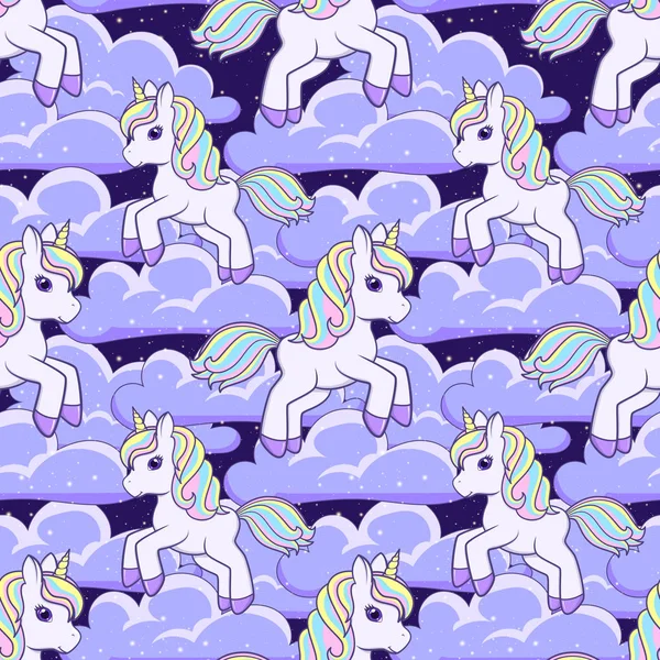 Seamless Pattern Running Cute Cartoon Unicorn Clouds Vector Illustration — Stock Vector