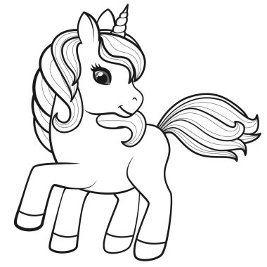 Sevimli çizgi film beyaz arka plan üzerinde izole tek boynuzlu at. Vektör çizim için boyama kitapları