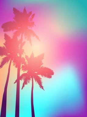 Palmiye ağaçları ve tropikal gündoğumu silueti ile arka plan. Vektör iilustration