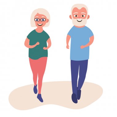 Yaşlı adam ve birlikte çalışan kadın. Yaşlı insanlar aktif yaşam tarzı. Vektör çizim