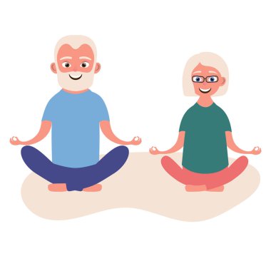 Mutlu yaşlı çift spor giyim pratik yoga egzersizleri giyinmiş. Sevimli büyükanne ve büyükbaba. Etkin yaşlı adam. Çizgi film karakteri. Vektör çizim