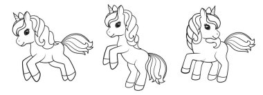 Sevimli Karikatür Unicorns beyaz arka plan üzerinde izole. Boyama kitapları için vektör çizimi