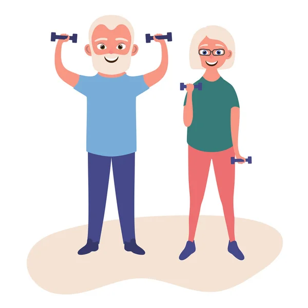 Old Man Woman Doing Fitness Exercises Dumbbells Together Elderly People — Stock Vector