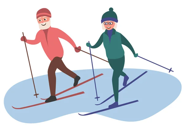 Old Man Woman Skiing Together Elderly People Active Lifestyle Vector — Stock Vector