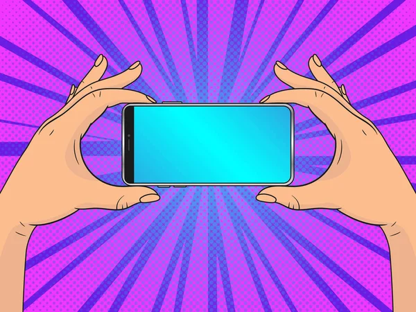 Hand Håller Smartphone Pop Art Vintage Vektor Illustration — Stock vektor