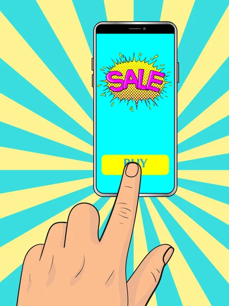 Dedo Pressiona Botão Smartphone Com Texto Venda Tela Pop Art — Vetor de Stock
