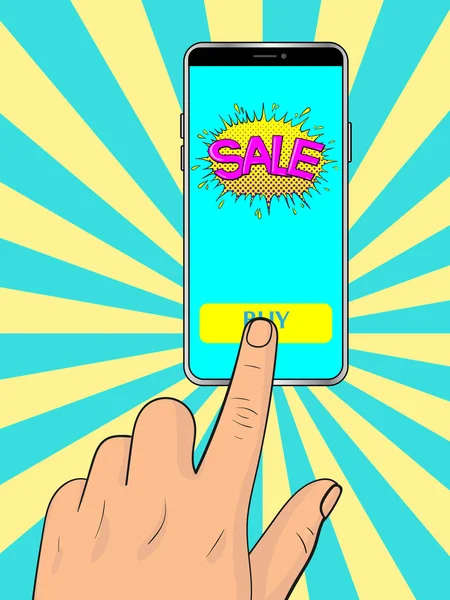 Parmak, ekranda Satış metniyle akıllı telefondaki düğmeye basar. Pop Art vintage vektör illüstrasyon
