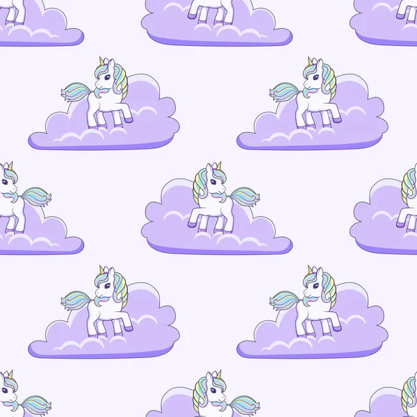 Seamless Pattern Cute Cartoon Unicorn Clouds Vector Illustration — Stock Vector