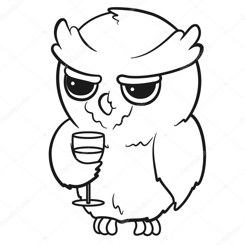 Cute cartoon sad owl with a glass of wine isolated on white background. Vector illustration