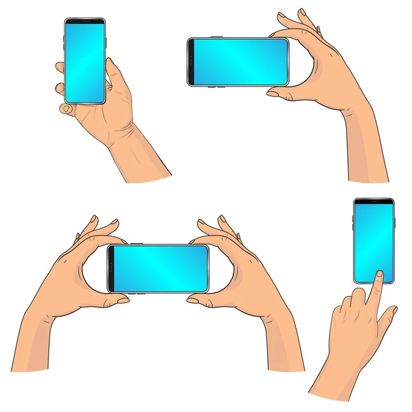 Hands Phone Collection Various Poses Vector Illustration — Stock Vector