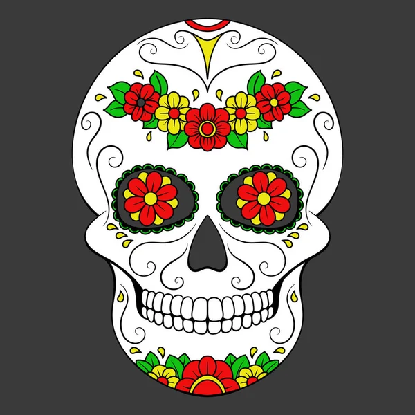 一天的死多彩头骨与花卉装饰 墨西哥糖头骨 矢量图 — 图库矢量图片