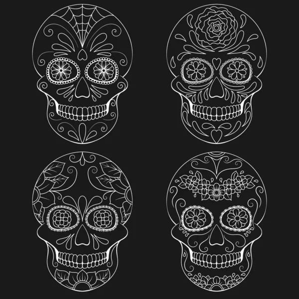 Day Dead Skull Floral Ornament Mexican Sugar Skull Set Vector — Stock Vector