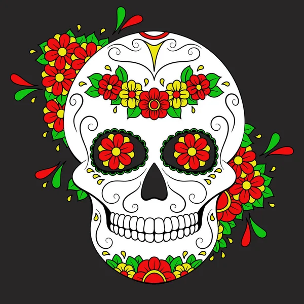 Día Los Muertos Colorido Cráneo Con Adorno Floral Cráneo Azúcar — Archivo Imágenes Vectoriales