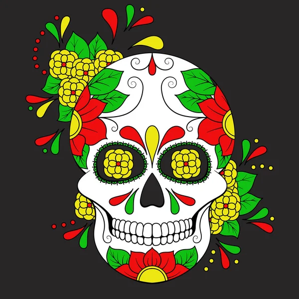 Día Los Muertos Colorido Cráneo Con Adorno Floral Cráneo Azúcar — Vector de stock