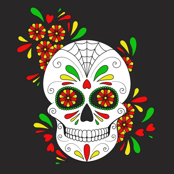 Day Dead Colorido Crânio Com Ornamento Floral Crânio Açúcar Mexicano —  Vetores de Stock