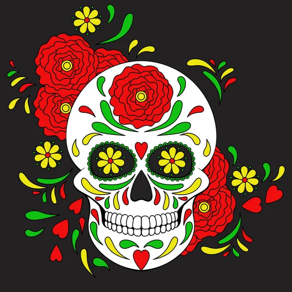 Day Dead Colorido Crânio Com Ornamento Floral Crânio Açúcar Mexicano —  Vetores de Stock