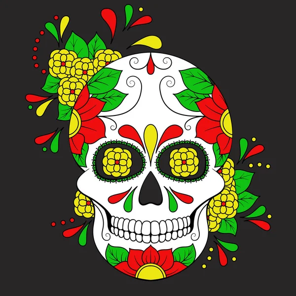 Day Dead Colorful Skull Floral Ornament Mexican Sugar Skull Vector — Stock Vector