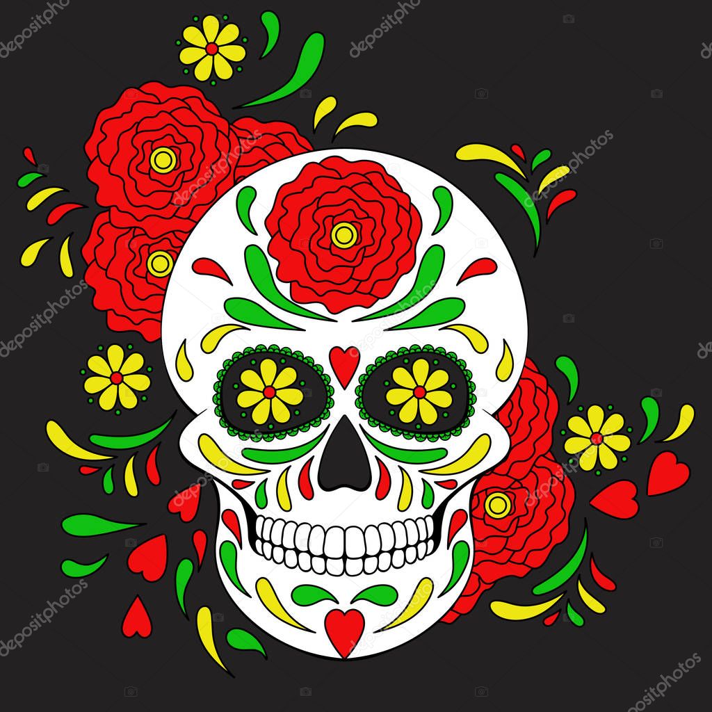 Day of The Dead colorful Skull with floral ornament. Mexican sugar skull. Vector illustration