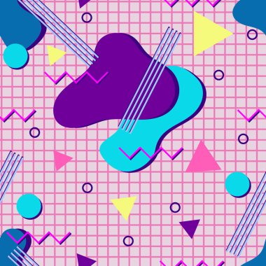 Pastel renkte dikişsiz desen. Memphis tarzı. Vektör çizimi 