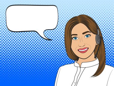 Callcenter'da çalışan gülümseyen genç kadın. Beyaz arka planda izole edilmiş kulaklıkdanışmanı. Pop Art vintage vektör illüstrasyon