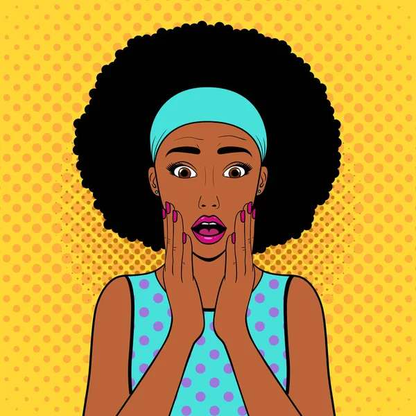 惊讶的女人与非洲的头发 哇脸女 流行艺术复古矢量插图 — 图库矢量图片