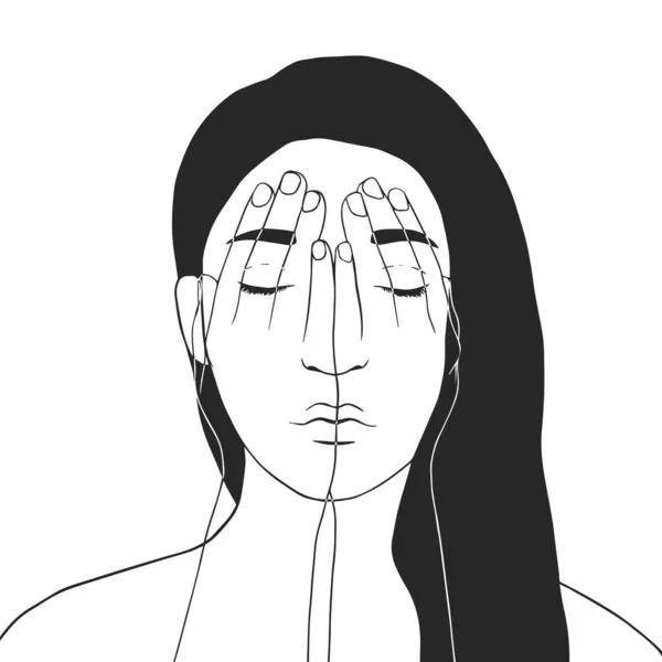 Flickan Täcker Hennes Ansikte Med Händerna Begreppet Smärta Stress Depression — Stock vektor