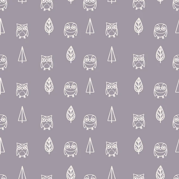 Seamless Pattern Hand Drawn Cute Owls Trees Vector Illustration — Stock Vector