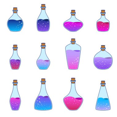 Sihirli iksir şişeleri koleksiyonu. Büyücülük envanteri. Vektör illüstrasyonu