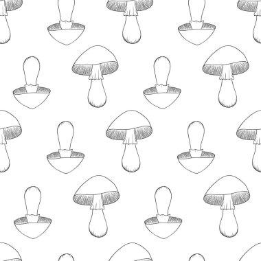 Beyaz arka planda el yapımı mantarlı kusursuz desen. Vektör illüstrasyonu
