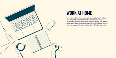 Flatlay 'in çalışma alanı fotokopi alanı var. Ofis masasının üst manzarası. Elleri bir fincan kahve, dizüstü bilgisayar, telefon ve kağıt ile dolu. Vektör illüstrasyonu