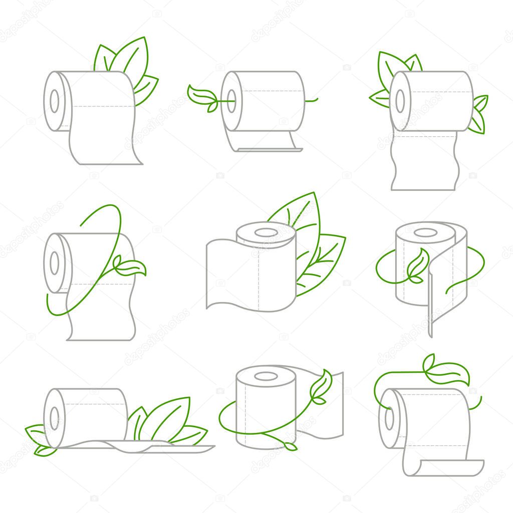 Eco toilet paper icons set. WC paper with green leaves. Vector illustration